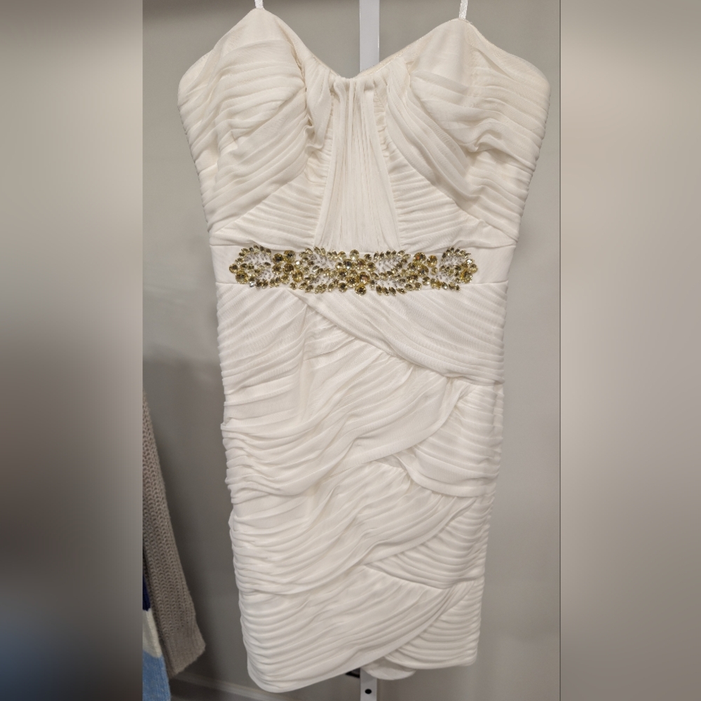 Cache White Mini Dress With Gold Gemstones